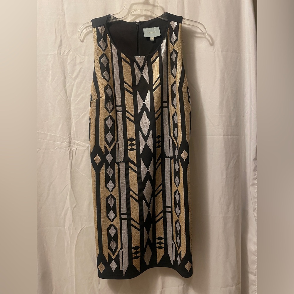 Skies Are Blue Black and Gold Sheath Midi Dress